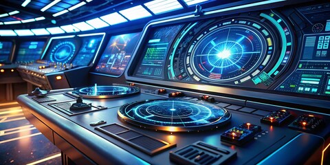 Fototapeta premium Panoramic View of Futuristic Control Panel with Holographic Digital Compass Display