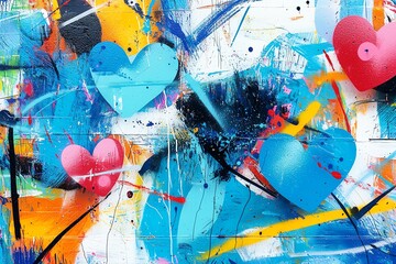A vibrant abstract artwork featuring colorful hearts against a dynamic background. Perfect for expressing love, art appreciation, and emotional connections in various settings.