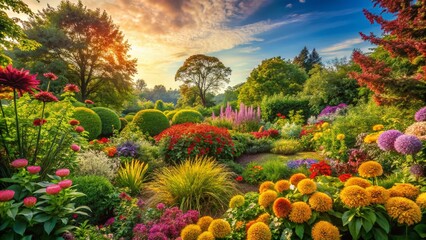 Naklejka premium Panoramic View of Lush Green Plants and Flowers in a Vibrant Garden