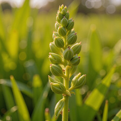 Obraz premium Green flower bud cluster in a sunlit garden 