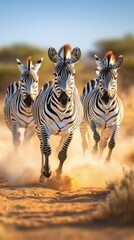 Fototapeta premium A herd of zebras energetically gallops through a dusty savanna landscape, showcasing their striking stripes and dynamic movement.