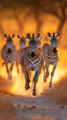 Obraz premium A herd of zebras gallops through the dusty savanna, silhouetted by a vibrant sunset, creating a dynamic wildlife scene.