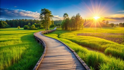 Fototapeta premium Panoramic View of Rolling Hills, Green Grass, Wooden Boardwalk Path
