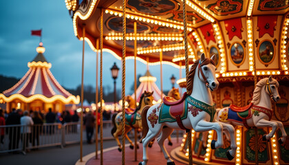 Maslenitsa carousel sparkling at dusk in amusement park, festive joy