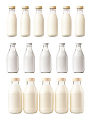 Set of Milk bottles with caps aligned in a row, isolated on white background. Concept of dairy products and freshness