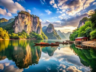 Panoramic View: Shaoxing Lake, Zhejiang, China - Cliffside Boats