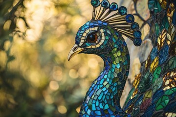 Obraz premium A stunning mosaic peacock, vibrant blues and greens, detailed feathers and eye, in a sunlit garden.