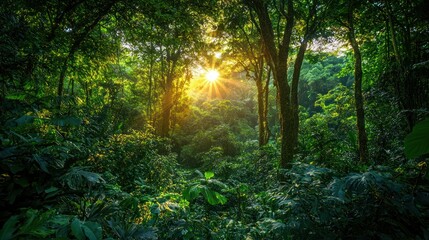 Obraz premium Sun rays through lush green rainforest canopy.