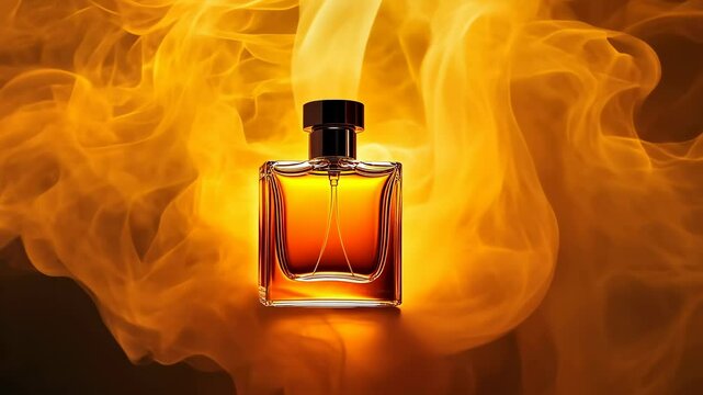 Perfume bottle glows fiery orange mist.Scent container stands center engulfed soft glimmer.Fragrance flacon radiates warmth amber tones.Vapor envelops luxury item warm hues.Essence vessel represents