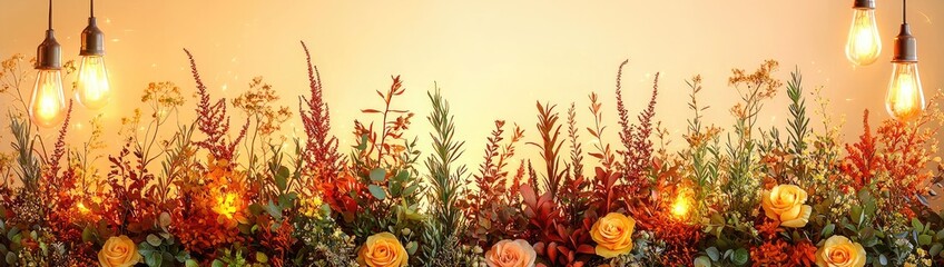 Enchanted Floral Forest Comes Alive: Wide Photographic Background with White Floor, Garland of Yellow Orange Beige Roses, Hanging Lanterns, Misty Fairy Atmosphere