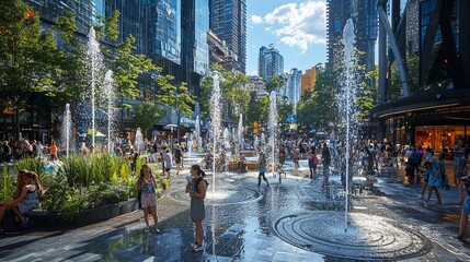 Urban plaza with water features, people enjoying sunny day.