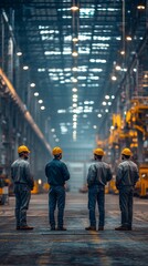 Fototapeta premium Four workers in hard hats stand observing an expansive warehouse interior, highlighting industry, teamwork, and safety.