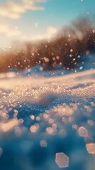 Close-up of sparkling snowflakes in golden sunlight, against a blurred winter landscape, evoking warmth and serenity.