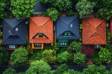 Naklejka premium A top-down aerial view of houses in the Melbourne suburb of Preston, Victoria on a summer's day