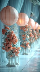 Enchanted Floral Forest Comes Alive: Wide Photographic Background with White Floor, Garland of Yellow Orange Beige Roses, Hanging Lanterns, Misty Fairy Atmosphere