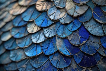 Intricate blue scales texture, resembling feathers or fish scales, detailed close-up.