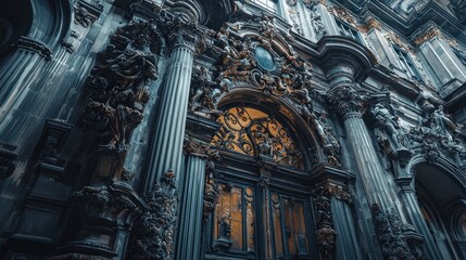 Ornate dark stone building entrance with columns and detailed carvings.