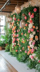 Enchanted Floral Forest Comes Alive: Wide Photographic Background with White Floor, Garland of Yellow Orange Beige Roses, Hanging Lanterns, Misty Fairy Atmosphere