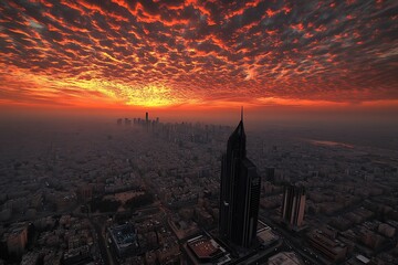 Obraz premium Fiery Sunset over City Skyline with Modern Skyscraper