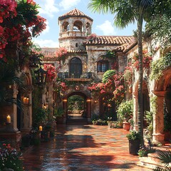 Fototapeta premium Scenic view mission-style home with vibrant flowers image