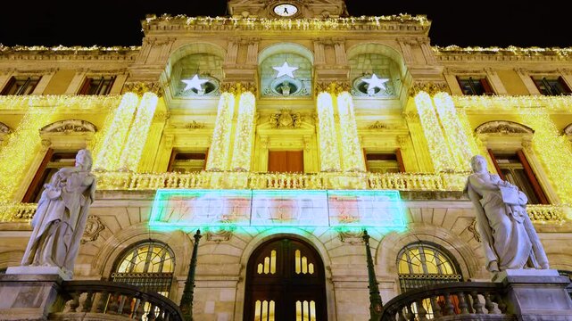 Christmas lights at Bilbao City Hall, in the streets of the city of Bilbao. Province of Bizkaia. Basque Country. Spain. Europe