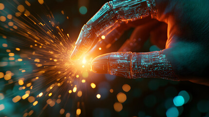 A human finger and robotic finger pressing against a glowing crystal causing light rays to burst outward.