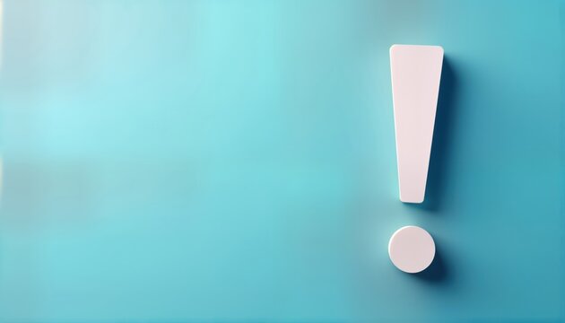 White exclamation mark on light blue background with copy space. Simple design for tech web design project. Versatile image for attention grab warning. Suitable for social media posts. Attractive