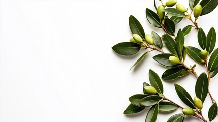 Fresh Green Olive Branch with Leaves and Unripe Olives on White Background