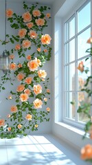 Enchanted Floral Forest Comes Alive: Wide Photographic Background with White Floor, Garland of Yellow Orange Beige Roses, Hanging Lanterns, Misty Fairy Atmosphere