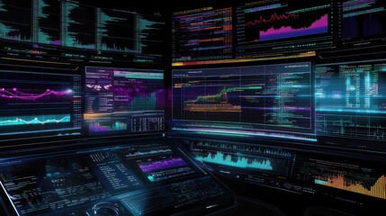 Fototapeta premium Quantum finance visualized, with quantum algorithms and financial data visualized in an interactive, digital financial workspace