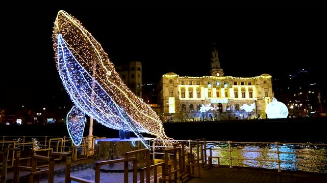 Christmas lights at Bilbao City Hall, in the streets of the city of Bilbao. Province of Bizkaia. Basque Country. Spain. Europe