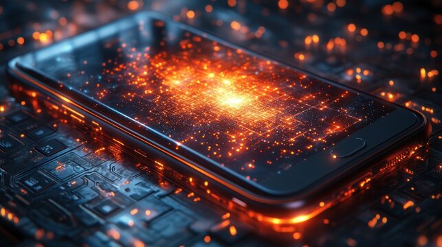 Glowing smartphone displaying vibrant digital data on a futuristic circuit board background