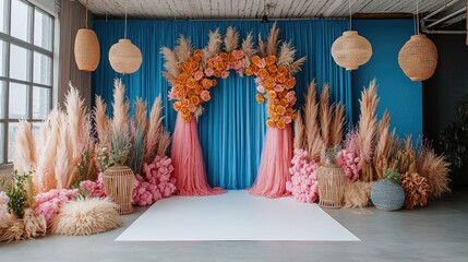 Enchanted Floral Forest Comes Alive: Wide Photographic Background with White Floor, Garland of Yellow Orange Beige Roses, Hanging Lanterns, Misty Fairy Atmosphere