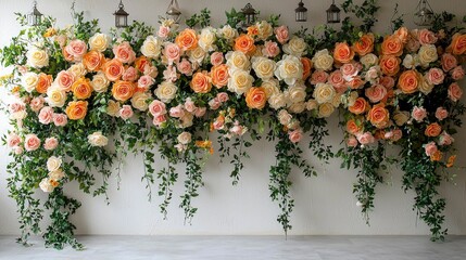 Enchanted Floral Forest Comes Alive: Wide Photographic Background with White Floor, Garland of Yellow Orange Beige Roses, Hanging Lanterns, Misty Fairy Atmosphere