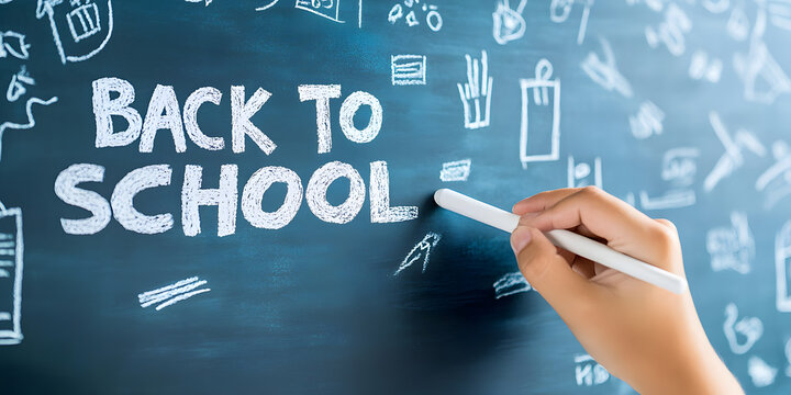 Back to school! A hand writes 'Back to School' on a chalkboard filled with educational doodles. - Powered by Adobe