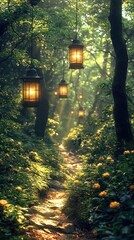 Enchanted Floral Forest Comes Alive: Wide Photographic Background with White Floor, Garland of Yellow Orange Beige Roses, Hanging Lanterns, Misty Fairy Atmosphere