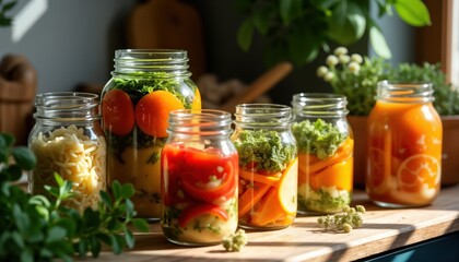 Home kitchen scene shows jars filled with various fermented foods. Kombucha, sauerkraut, fermented vegetables visible. Eco-conscious lifestyle highlighted by homemade preservation techniques.