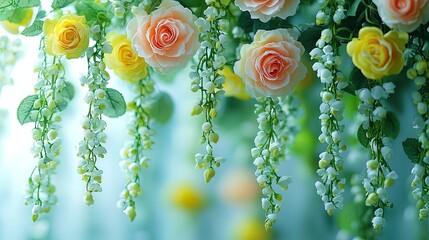 Enchanted Floral Forest Comes Alive: Wide Photographic Background with White Floor, Garland of Yellow Orange Beige Roses, Hanging Lanterns, Misty Fairy Atmosphere