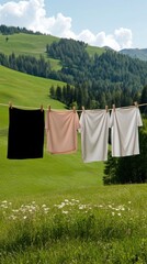 Colorful clothing is displayed on a line, swaying gently in the breeze, with lush green fields and a clear blue sky in the background
