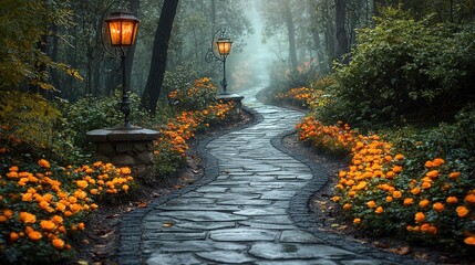 Enchanted Floral Forest Comes Alive: Wide Photographic Background with White Floor, Garland of Yellow Orange Beige Roses, Hanging Lanterns, Misty Fairy Atmosphere