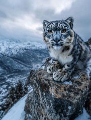 Snow leopard perched on mountain peak, overlooking snowy landscape; wildlife, nature photography