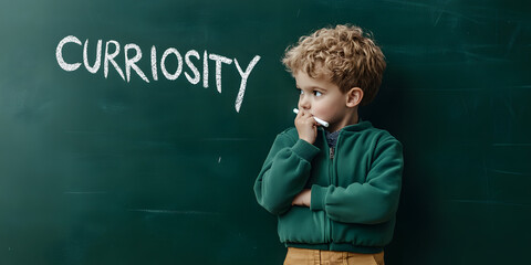 Young boy contemplates the word 'Curiosity' written on a chalkboard. A thoughtful expression on his face hints at deep thinking.