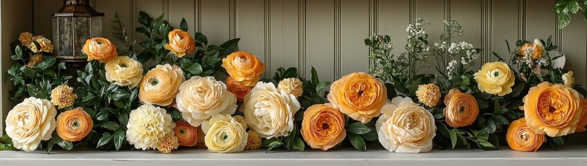 Enchanted Floral Forest Comes Alive: Wide Photographic Background with White Floor, Garland of Yellow Orange Beige Roses, Hanging Lanterns, Misty Fairy Atmosphere