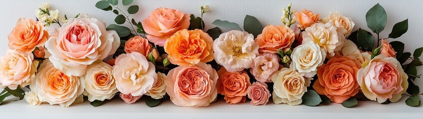 Enchanted Floral Forest Comes Alive: Wide Photographic Background with White Floor, Garland of Yellow Orange Beige Roses, Hanging Lanterns, Misty Fairy Atmosphere