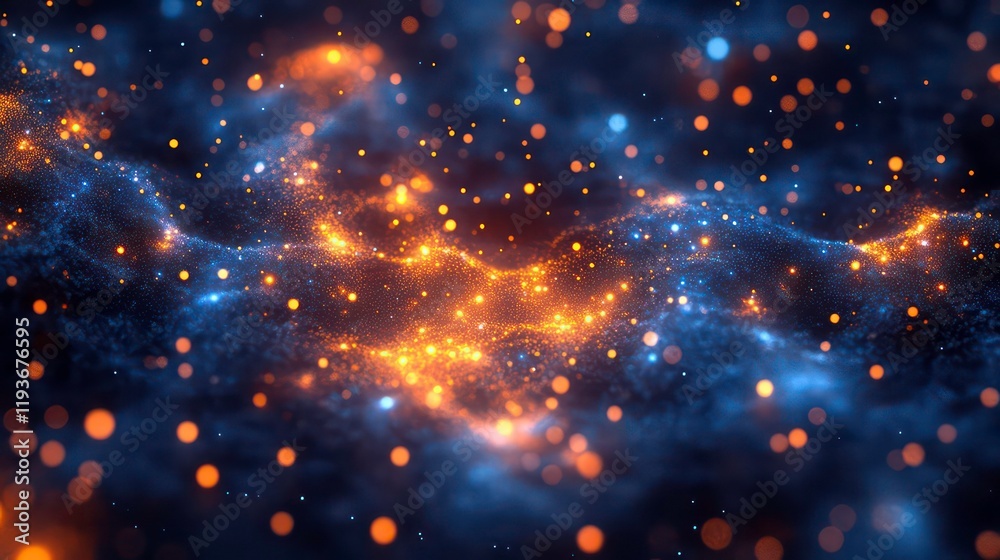 Wall mural abstract blue and orange digital network with glowing dots.