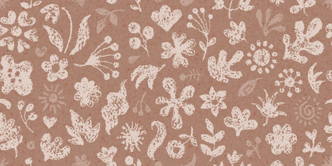 Flower seamless pattern in mocha mousse color. Floral 2025 year color mocha mousse. Seamless simple small print. Vector background, abstract crayon flower. Spring summer design pattern. Seamless bg