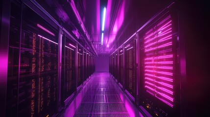 Fototapeta premium Quantum hardware processors illuminated with neon light, showing data transfer through superconducting circuits