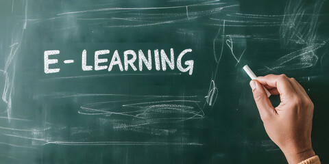 E-learning concept. Hand writing 'E-learning' on a chalkboard.