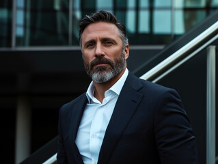 Naklejka premium Professional man in a sleek black suit posing confidently in front of modern architecture 