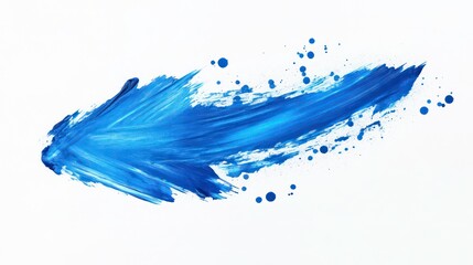 Abstract blue paintbrush stroke forming an arrow shape with splatters on a white background